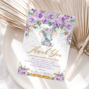 Carte De Remerciements Mignonne éléphant floral violet Baby Shower Bébé F