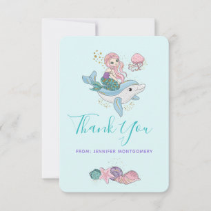 Carte De Remerciements Mignonne sirène chevauchant un dauphin sous la mer