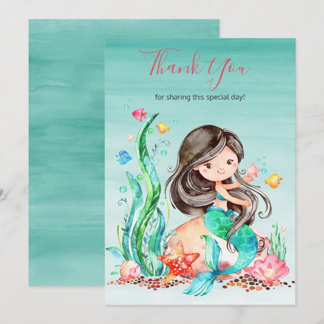 Carte De Remerciements Mignonne sirène d'aquarelle sous le Baby shower ma (Devant / Derrière)