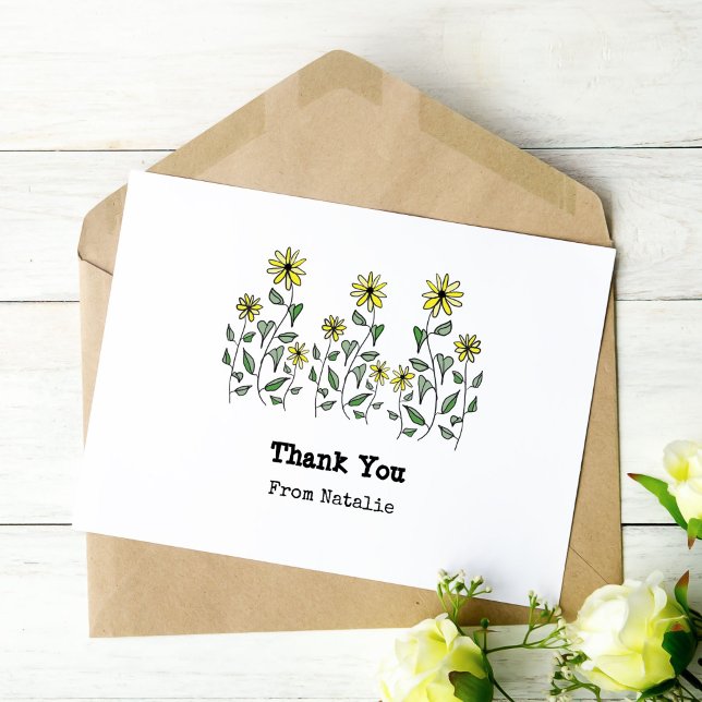 Carte De Remerciements Mignonnettes rétro Mignonnes illustrées à la main (Hand-illustrated yellow wildflowers make it fun to catch up on your thank you notes!)