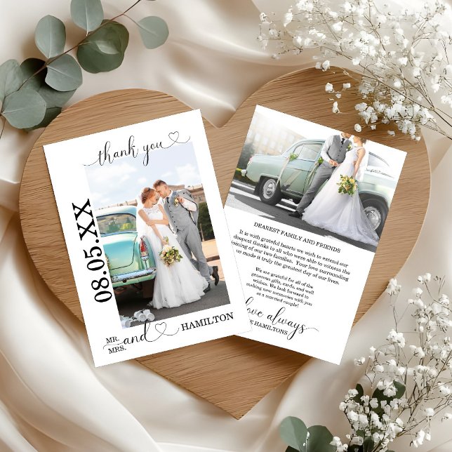 Carte De Remerciements Mini-script du coeur photo Mariage (Minimalist Heart Script Wedding Photo Thank You Card)