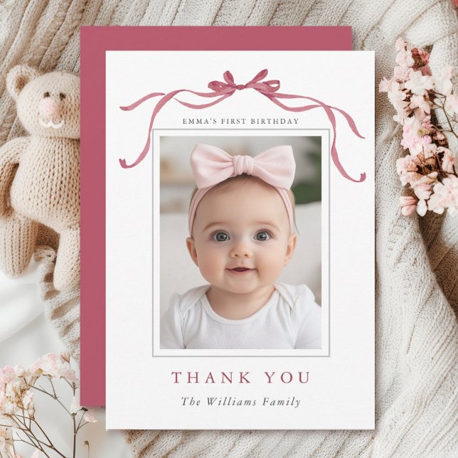 Carte De Remerciements Minimal Deep Blush Pink Bow Birthday Photo  (Créateur téléchargé)