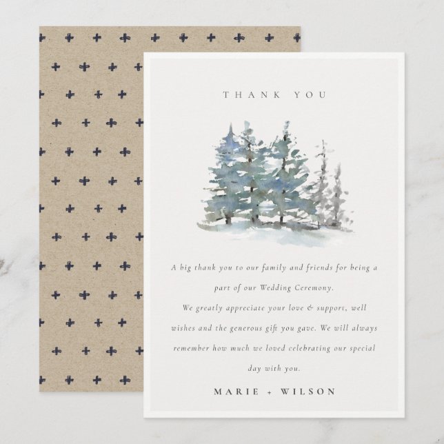 Carte De Remerciements Minimal Dusky Green Pine Bleu Mariage Woods Bois (Devant / Derrière)