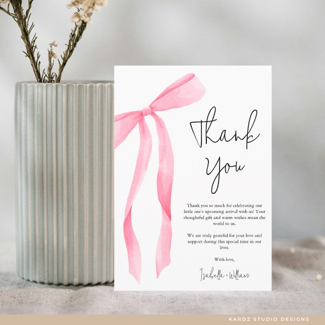 Carte De Remerciements Minimal Elegant Pink Bow Baby Shower (Flat Thank You Card in 3.5 x 5 inches. Personalize text, select size, paper, and corner style.)