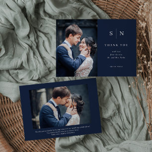 Carte De Remerciements Minimal et chic   Mariage photo Navy Blue Two