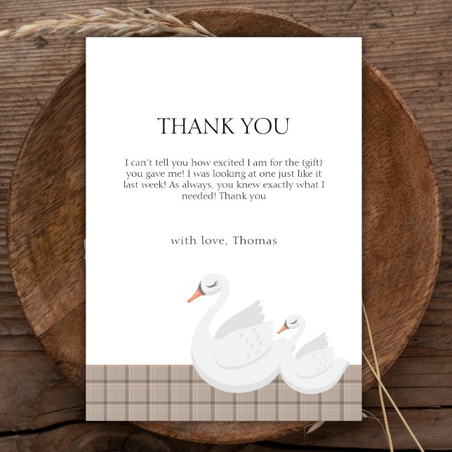 Carte De Remerciements Minimal moderne Swan Plaid En vichy Baby shower ga (Minimal Modern Swan Plaid Gingham Boy Baby Shower Thank You Card)