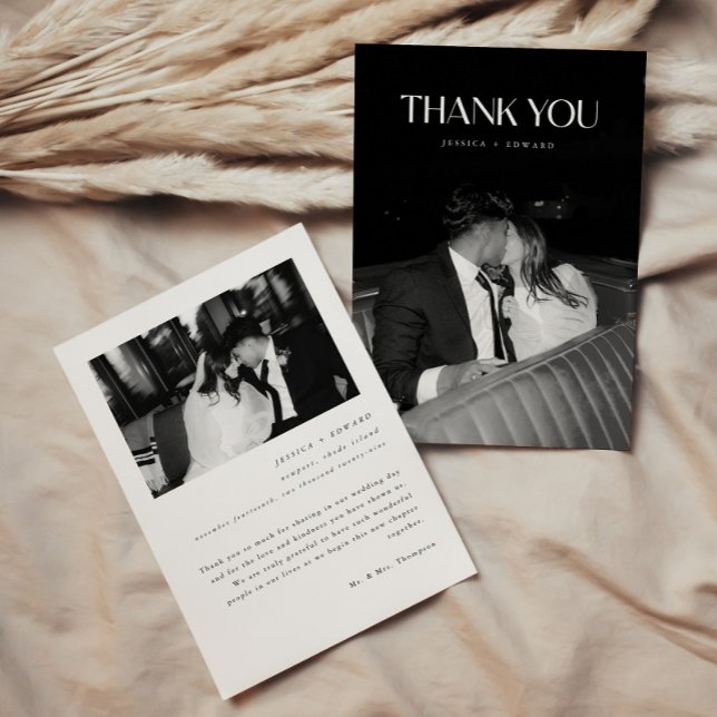 Carte De Remerciements Minimalist 2-Photo Black & White Custom Wedding (Créateur téléchargé)