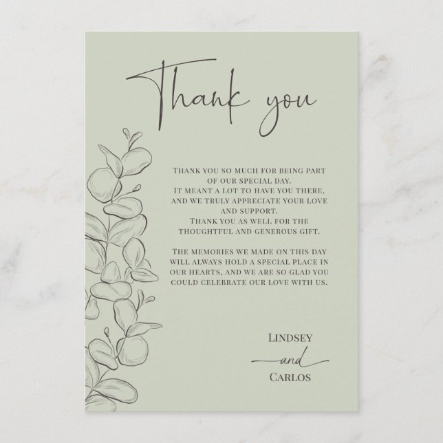 Carte De Remerciements Minimalist handdrawn leaves green script wedding (Devant)