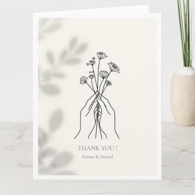 Carte De Remerciements Minimalist Line Art Hands & Flowers Thank You Card (Devant)
