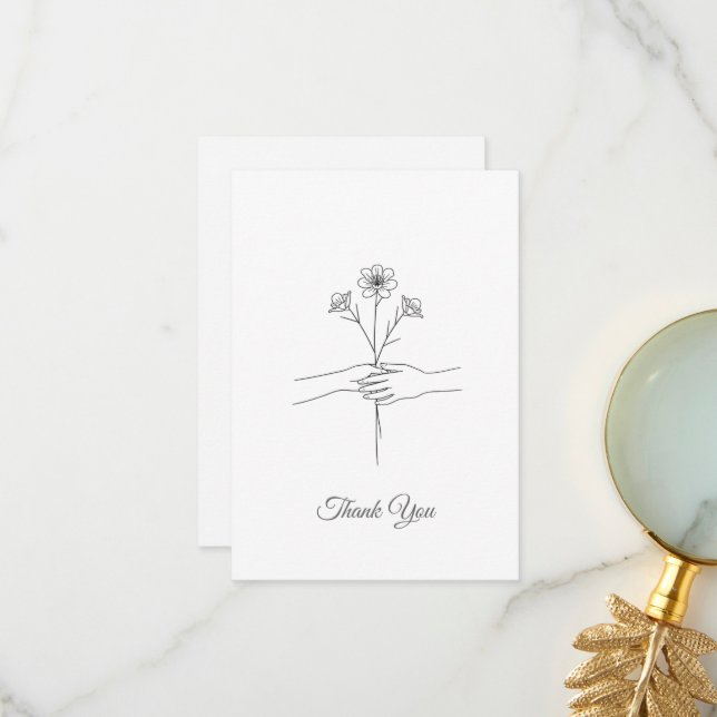 Carte De Remerciements Minimalist Line Art Hands & Flowers Wedding Thank  (Devant/Arrière en situation)