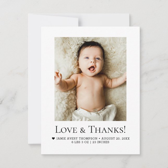 Carte De Remerciements Minimalist Love & Thanks Baby Photo Birth Stats (Devant)
