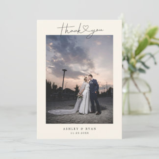 Carte De Remerciements Minimalist Simple Script with Heart Wedding Photo