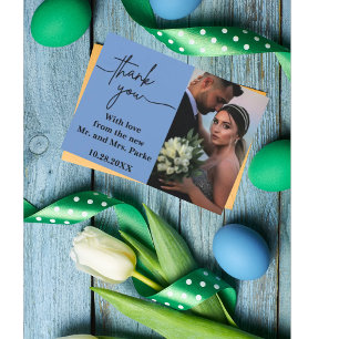 Carte De Remerciements Minimaliste et ChicMariage à deux photos en bleu p