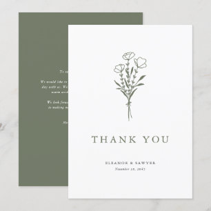 Carte De Remerciements Minimaliste Taupe vert bouquet floral Mariage