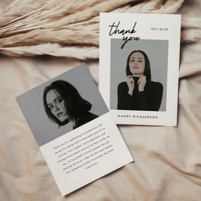 Carte De Remerciements Minimalistic 2-Photo Black White Script Graduation (Créateur téléchargé)