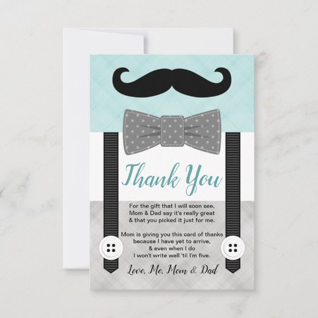Carte De Remerciements Mint gris petit homme moustache garçon baby shower (Devant)
