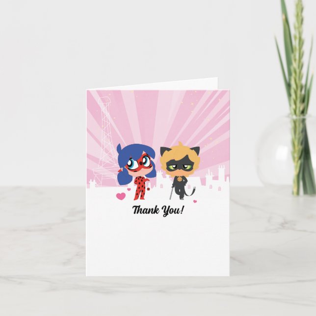 Carte De Remerciements Miraculous Ladybug & Cat Noir Chibi Anniversaire (Devant)