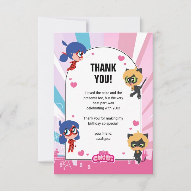 Carte De Remerciements Miraculous Ladybug & Chat Noir Chibi Anniversaire (Devant)