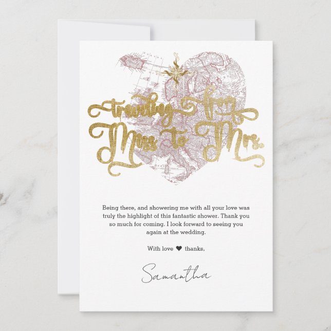 Carte De Remerciements Mlle à Mme Chic Cartographie du Cœur Voyage Enterr (Devant)