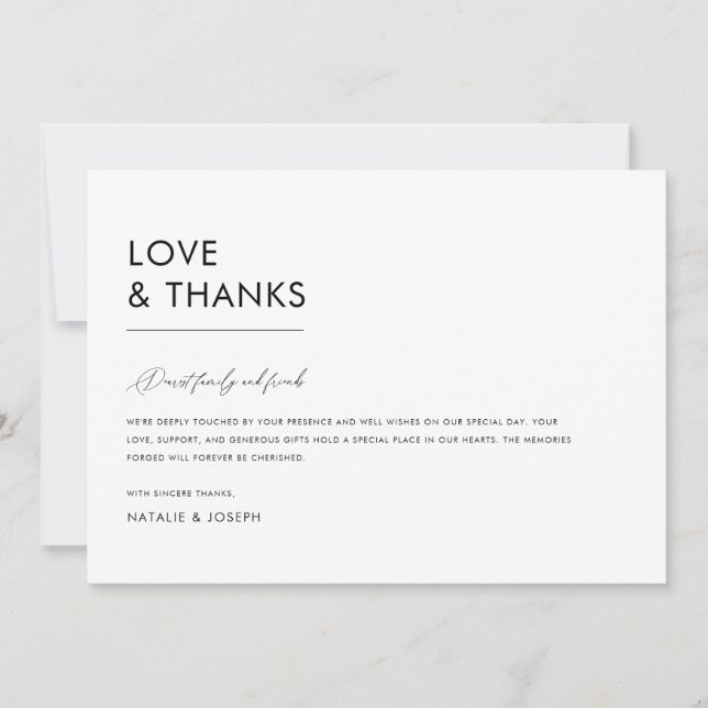 Carte De Remerciements Mninimalist noir & blanc Simple Mariage unique (Devant)
