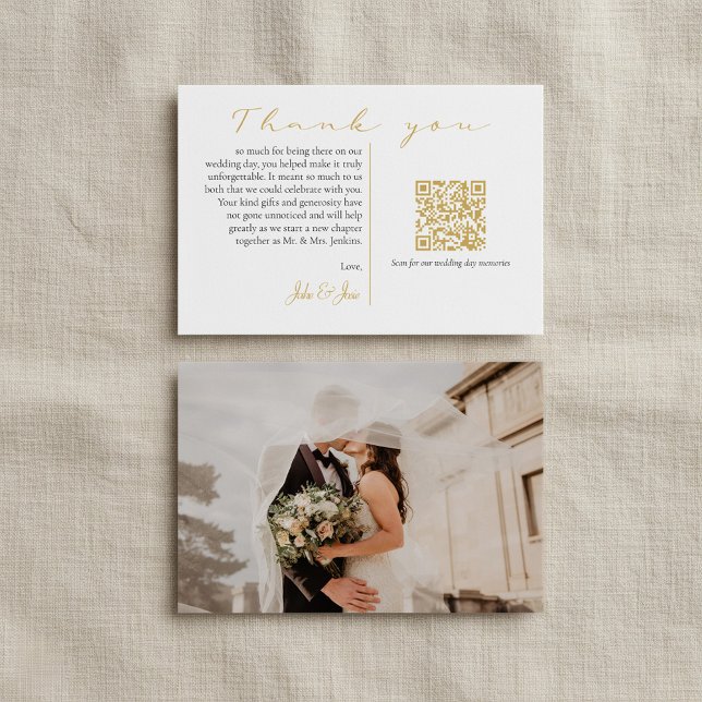 Carte De Remerciements Mode mariage photo et souvenirs or code QR (Modern wedding photo and memories gold QR code Thank You Card.)