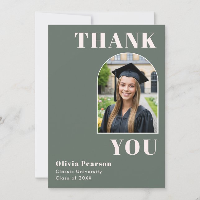 Carte De Remerciements Modern Arch Sage Green and Pink Photo Graduation (Devant)
