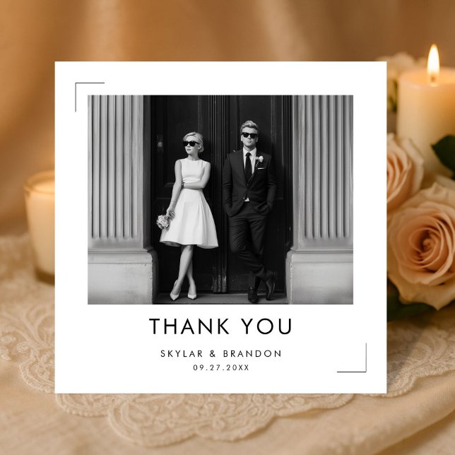Carte De Remerciements Modern Black and White Wedding Photo Square (Créateur téléchargé)