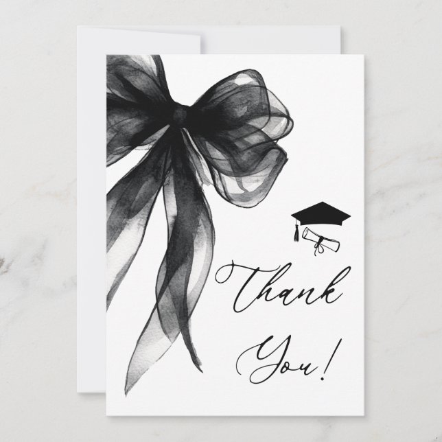Carte De Remerciements Modern Black Bow Graduation Party (Devant)