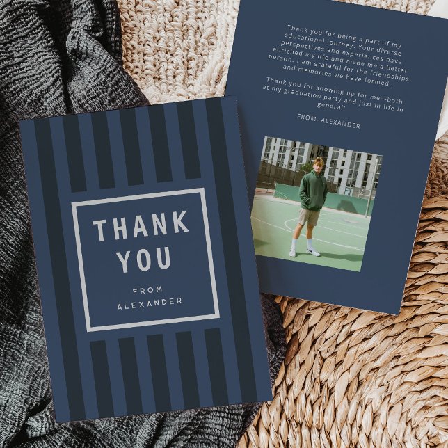 Carte De Remerciements Modern Blue Stripes Graduation Thank You (modern blue sporty stripes graduation thank you card)
