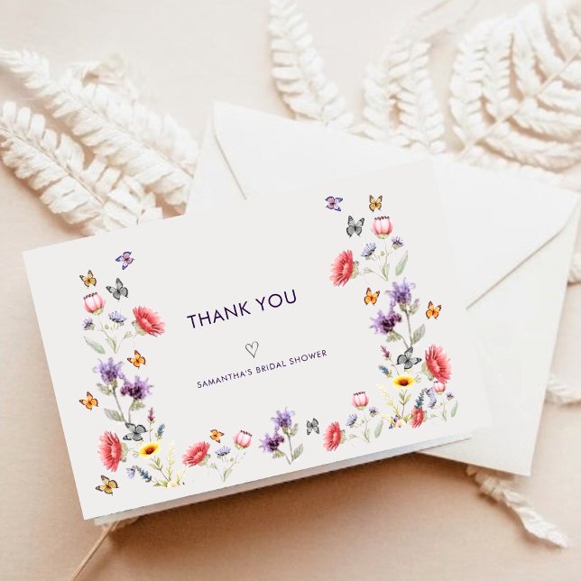 Carte De Remerciements Modern Boho Wildflower Bridal Shower (Modern boho wildflower bridal shower folded thank you card with watercolor florals.)