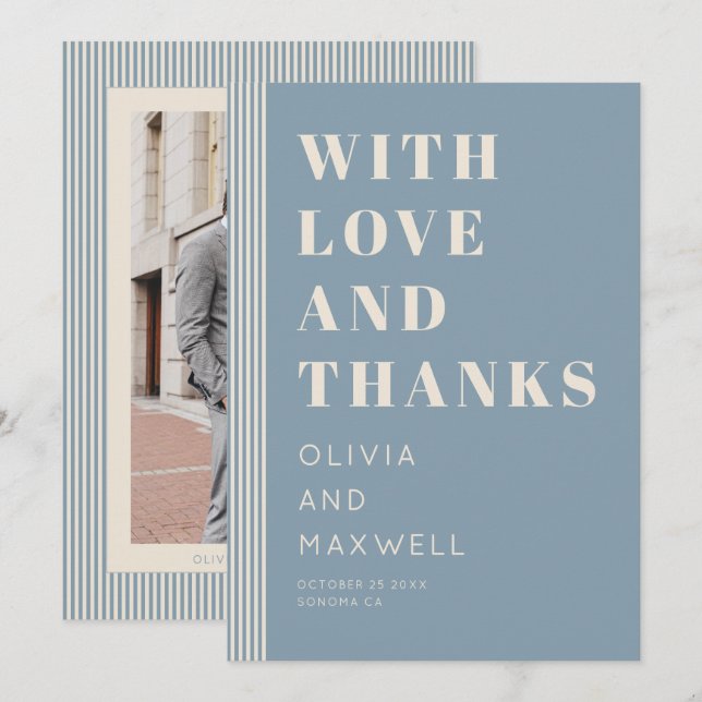 Carte De Remerciements Modern Classic Love and Thanks Blue Striped (Devant / Derrière)