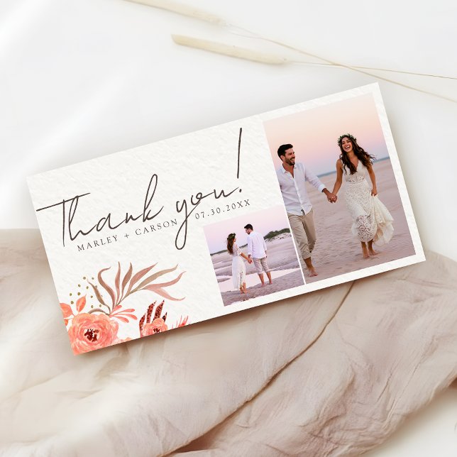 Carte De Remerciements Modern Coral Floral Two Photo Wedding (Créateur téléchargé)