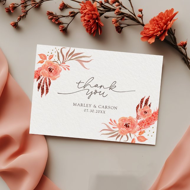 Carte De Remerciements Modern Coral Orange Floral Terracotta Wedding (Créateur téléchargé)