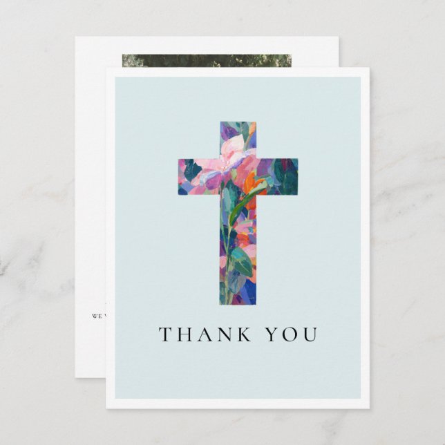 Carte De Remerciements Modern Cross Floral Blue Baptism Photo (Devant / Derrière)