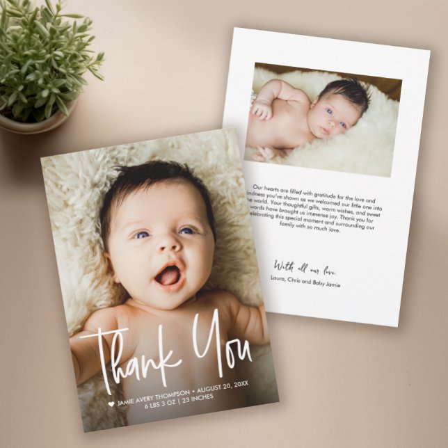 Carte De Remerciements Modern Custom Baby Photo Birth Announcement  (Modern Thank you script baby shower photo birth announcement card.)