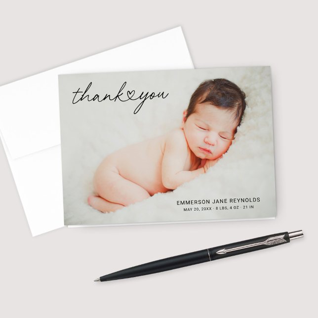 Carte De Remerciements Modern Custom Newborn Baby Photo Heart Script (Créateur téléchargé)