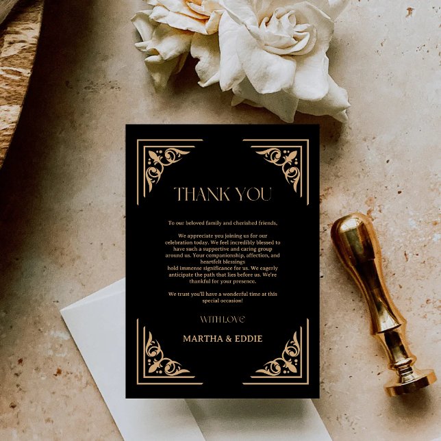 Carte De Remerciements Modern Deco | Elegant Black and Gold Wedding  (Modern deco black and gold thank you card wraps wedding gratitude in a refined, personal touch.)