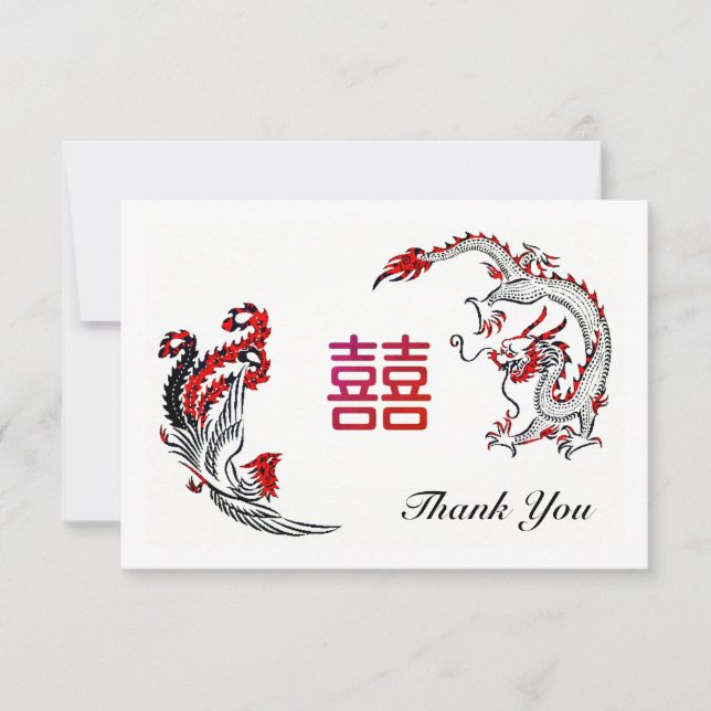 Carte De Remerciements Modern Dragon-Phoenix Double-Xi Wedding Photo (Devant)