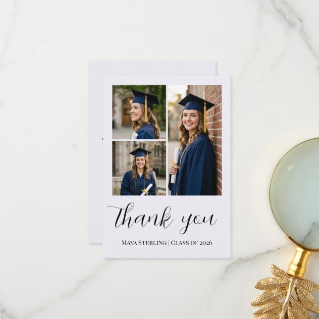 Carte De Remerciements Modern Editorial Script Multi-Photo Graduation (Devant/Arrière en situation)