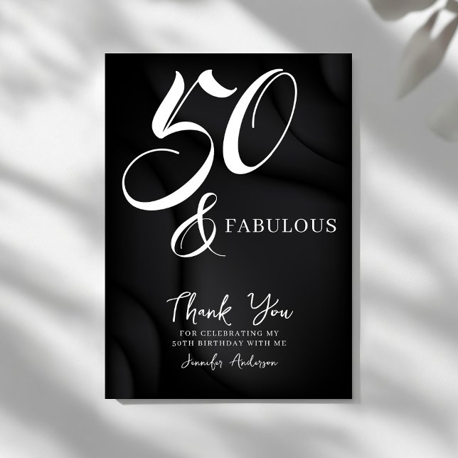 Carte De Remerciements Modern Elegant Black White Fifty Fabulous Birthday (Créateur téléchargé)