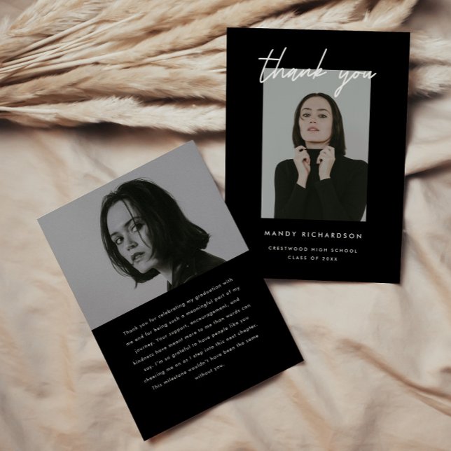Carte De Remerciements Modern Elegant Script 2-Photo Graduation Party (Créateur téléchargé)