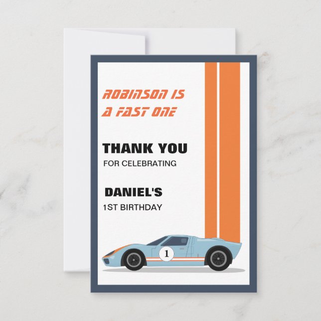 Carte De Remerciements Modern Fast One Race Car Boy 1er anniversaire (Devant)