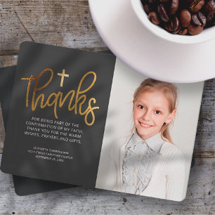 Carte De Remerciements Modern Gold Cross Photo Confirmation Thank You