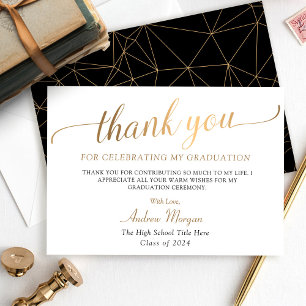 Carte De Remerciements Modern Gold Script Black & White Graduation