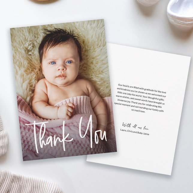 Carte De Remerciements Modern Handlettering Custom Baby Girl Shower Photo (Modern handlettering thank you script baby girl thank you card)