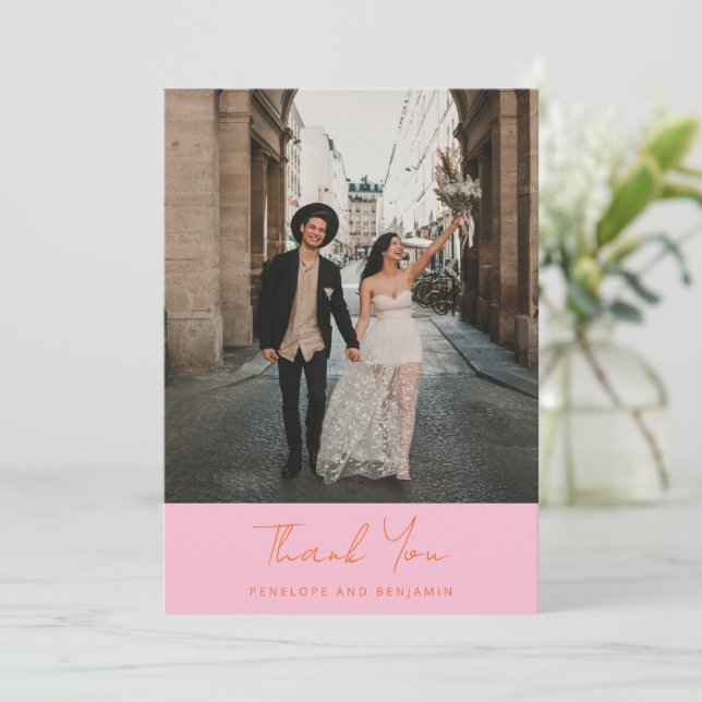 Carte De Remerciements Modern Handwritten Pink Orange Wedding Photo (Debout devant)