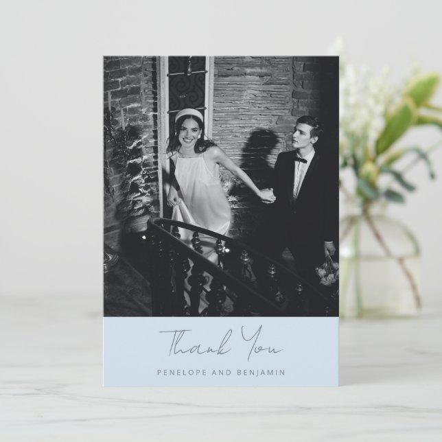 Carte De Remerciements Modern Handwritten Soft Blue Wedding Photo (Debout devant)