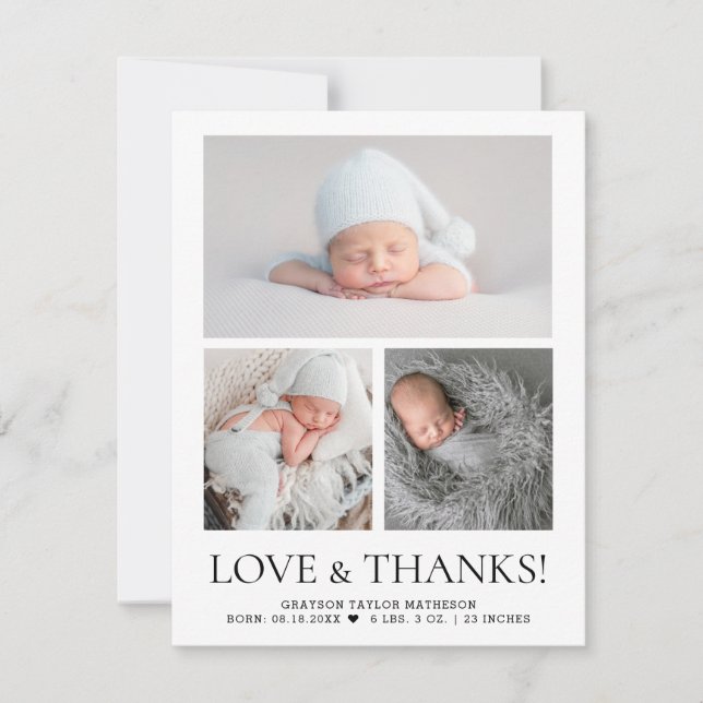 Carte De Remerciements Modern Love & Thanks Baby Photo Grid Birth Stat (Devant)