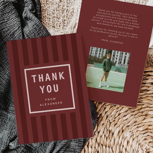 Carte De Remerciements Modern Maroon Stripes Graduation Thank You (modern maroon red sporty stripes graduation thank you card)