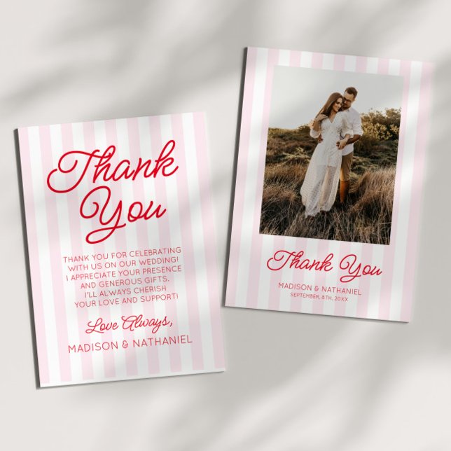 Carte De Remerciements Modern Minimalist Pink Stripes Red Picture Wedding (Créateur téléchargé)